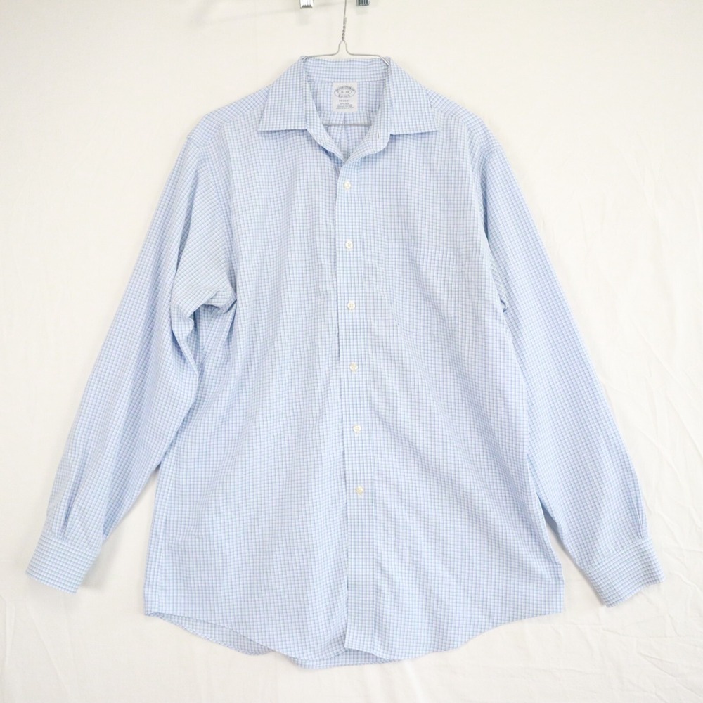 Brooks Brothers Shirt Mens 16-34 Regent Non Iron Button Blue Plaid Long Sleeve